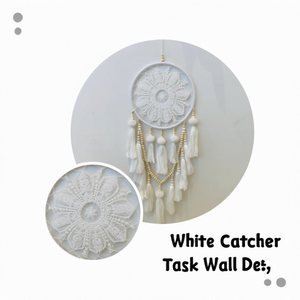 Attrape-rêves blanc 21 cm en dentelle avec pompon perlé pour décoration murale - Product Image 3