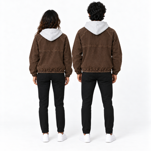 Blouson bomber unisexe en velours côtelé à capuche avec fermeture éclair, couleur unie, style décontracté, saison automne, coupe classique, doublure en coton - Product Image 2