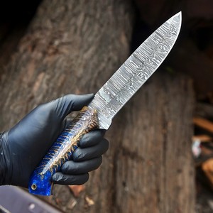Cuchillo de Bushcraft de Acero de Damasco Forjado a Mano con Mango de Piña, Hoja Fija de Espiga Completa, Cuchillo de Camping con Funda de Cuero, OEM Personalizado - Product Image 3