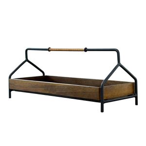 Plateau porte-bouteilles rustique en bois avec poignées en métal noir, organiseur décoratif pour bouteilles en verre, support de comptoir de cuisine style ferme - Product Image 1