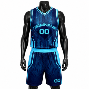 Custom Sublimated Breathable Basketball Jersey <b>Set</b> Unisex V-Neck Sleeveless Team Uniform Blue Mesh Moisture Wicking Athletic Fit - Product Image 1