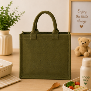 <b>Cute</b> Cartoon <b>Bear</b> Jute Lunch Bag With Top Handle 24x13x20cm Green Daily Use Tote - Product Image 6