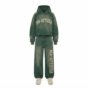 Conjunto de Sudadera con Capucha y Pantalones Jogger de Forro Polar Verde para Mujer Ma-Attiera, Estilo Urbano, Holgado, con Estampado de Letras Teñidas, Dos Piezas - Product Image 4