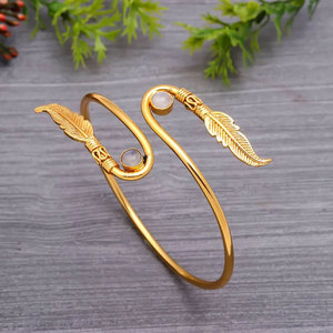 Double Feather <b>Moonstone</b> Cuff Bangle-Platinum Rhodium Plated Adjustable Wrap <b>Bracelet</b>-Bohemian Leaf Design Jewelry Gift - Product Image 3