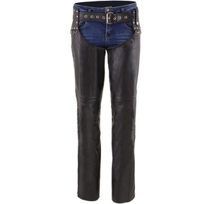 Samroz Sports Chaps de moto classiques en cuir noir pour femme avec design riveté, toutes saisons, fusion sans couture - Product Image 3