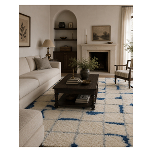 DECORDEC Tapis shag géométrique personnalisé en laine tuftée à la main, antidérapant, écologique, bleu ivoire, motif grille abstraite pour hôtel et villa - Product Image 4