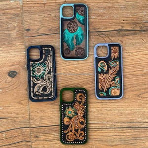 เคสโทรศัพท์หนังลายดอกไม้สำหรับ iPhone 13 14และ15เคสโทรศัพท์ออกแบบได้ตามต้องการใหม่เทอร์ควอยซ์ด้วยมือสไตล์ตะวันตก - Product Image 3