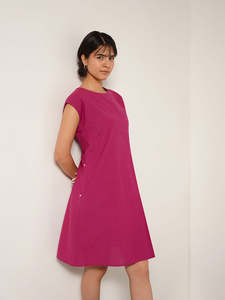 Vestido Midi Magenta sin Mangas, Corte en A, Cuello Redondo, Algodón Tejido, Uso Diario Informal, con Bolsillos, Color Sólido, Transpirable, Corte Regular - Product Image 3