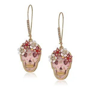 Halloween Skull Flower Crown Pumpkin Ghost Hematite-tone Rhinestone Drop Dangle Earrings for Women