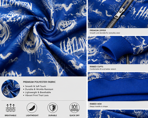 Sweat à capuche unisexe tendance avec masque intégré, motif citrouille d'Halloween bleu, fermeture éclair intégrale, coupe oversize, vente en gros - Product Image 5