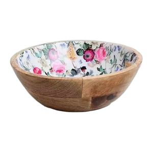 Bol en bois de manguier avec motif rond, imprimé émaillé, design décoratif fait main, personnalisé en usine indienne, pour servir des fruits et des salades, idéal pour les fêtes - Product Image 4