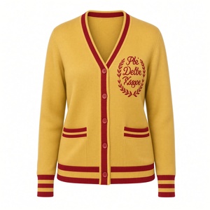 Cardigan en tricot pour femme PDK à col en V avec badge brodé sur la poitrine, manches longues, ourlet rayé et fermeture à boutons sur le devant - Product Image 3