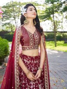 Burgundy Embroidered <b>Lehenga</b> Set Wedding Dress Two Piece Floral Border Dupatta Banarasi Style Bride Outfit - Product Image 3