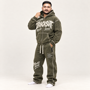 Ensemble de survêtement zippé en molleton lavé pour homme, pantalon de jogging ample personnalisé, ensemble streetwear imprimé, vente en gros OEM hiver - Product Image 3