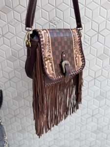 High Quality Fringe Handbag Hand Tooled Carving Leather <b>Bag</b> Gypsy <b>Boho</b> Checkers Handmade Real Leather Western Multi Uses <b>Bag</b> - Product Image 3