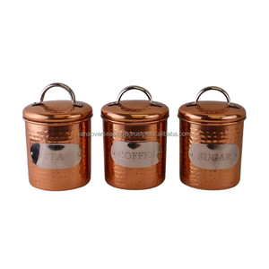 Ensemble de récipients en cuivre martelé de qualité supérieure de 3 pièces avec poignées de couvercle en acier pour le café, le sucre et le thé disponibles dans divers modèles et tailles - Product Image 3