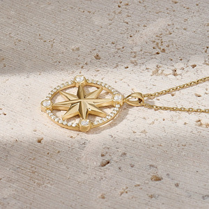 Yellow Gold <b>Compass</b> Star Lab Grown Diamond Round Brilliant Cut Luxury Pendant <b>Necklace</b> - Product Image 3