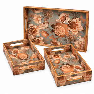 Plateau de service contemporain en bois artisanal imprimé avec des motifs d'oiseaux et de fleurs, avec poignée, pour la décoration de la maison, pour les célébrations de Diwali et de mariage - Product Image 1