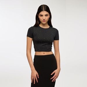 Women's Black Sequined Dot Print Short Sleeve <b>Crop</b> <b>Top</b> O-Neck Slim Fit Sporty Knitted <b>Rhinestone</b> T-Shirt - Product Image 2