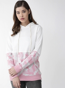 Sweat-shirt à capuche décontracté pour femme, blanc et rose camouflage, à manches longues, tricoté, style automne, 100 % coton, respirant, coupe classique - Product Image 1