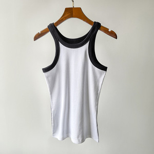 Débardeur côtelé en coton biologique pour femme, coupe classique, longueur standard, avec bande contrastante, tricoté serré, doux, idéal pour l'entraînement - Product Image 2
