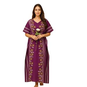 Robe Kaftan pour femmes, imprimé floral, longue chemise de nuit, col en V, taille nouée, vêtements de nuit d'été - Product Image 2