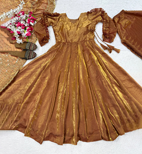 ชุดเดรสคอสตาริกาสำหรับผู้หญิงชุดเดรสสไตล์อินเดียชุดเดรสคาเมซผ้าซาตินสีมัสตาร์ด - Product Image 1