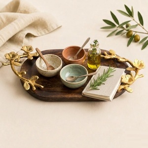 Luxury Handcrafted Eco-friendly Wedding for Wood Serving Tray <b>Decorative</b> Gold Floral Metal Handles Elegant Oval Shape for Home - Product Image 5