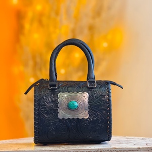 Black Color 100% Genuine Leather Women's Mini Speedy Duffle Bag With Single Stone Studded On Middle & Hand Tooled Florals Carved - Product Image 4