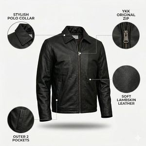 Veste moto en cuir véritable pour homme, col rabattu, fermeture éclair, couleur noire unie, longueur normale, vêtement d'automne - Product Image 3