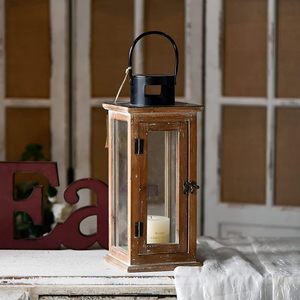 Farol de Madera Rústico con Paneles de Vidrio, Farol Decorativo Colgante Estilo Granja - Product Image 1