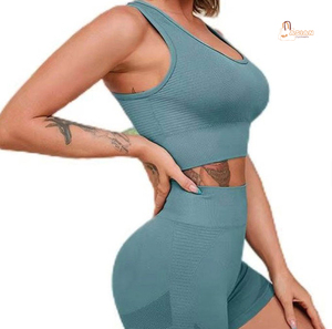 Custom Windproof Stand Collar Solid Two Piece Yoga Shorts Set Sportswear for Women Gym Fitness <b>Seamless</b> <b>Leggings</b> Bra - Product Image 1