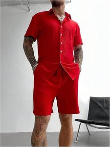 Men Summer Solid Street Style Knitted Embroidered 100% Cotton Quick Dry Short Sleeve Custom Logo Joggers Suits Set Shirt Shorts - Product Image 1