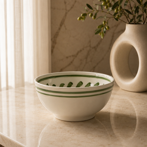 Handcrafted Ceramic Serving Bowl with <b>Green</b> Stripe Detailing Deep Glazed Finish for Modern Kitchen Table Styling - Product Image 1