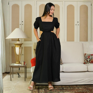 Elegante vestido maxi de lino con corte en la cintura para mujer - Product Image 2
