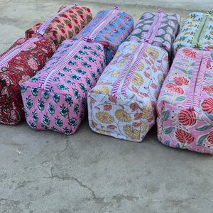 Bolsa de Cosméticos de Algodón con Estampado Floral Bohemio, Cierre de Cremallera Mediano, Organizador de Maquillaje Portátil, Patrones Rosa, Azul y Verde - Product Image 3