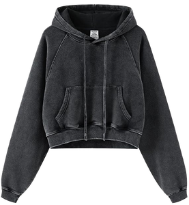 Women's Acid Wash <b>Cropped</b> Hoodie Regular Fleece Lined Pullover Sweatshirt Windproof Anti-UV Simple Custom Logo - Product Image 2
