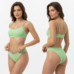 Conjunto de Bikini OEM de Cintura Alta con Control de Abdomen, Diseño de Logotipo Personalizado, Tirantes, Color Sólido, Traje de Baño Suave de Dos Piezas, Estampado de Verano - Product Image 4