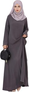 Abaya grise unie pour femme, manches longues, col rond, longueur cheville, robe modeste style Moyen-Orient, tenue quotidienne, coupe ample, polyester - Product Image 6