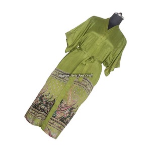 KL016 Bata Suave para Mujer, Kimono Largo de Seda, Estilo Vintage Bohemio de Invierno, Mezcla de Poliéster y Seda, Manga Media, Camisón para Mujer - Product Image 1