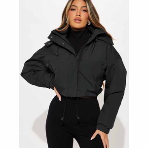 Chaqueta acolchada para mujer, abrigo cálido de invierno con capucha y cremallera completa, color negro sólido, acolchado grueso de poliéster - Product Image 2