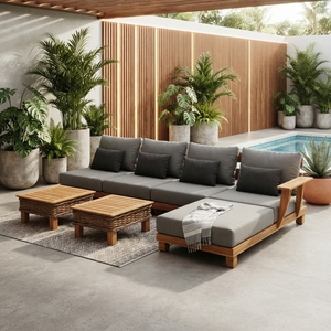 Outdoor Teak Wood Sectional <b>Sofa</b> Set Woven Wicker Coffee Table Modular Patio Lounge Cushion <b>Sofa</b> <b>Bed</b> Ottoman Setup Art - Product Image 2