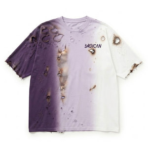 เสื้อยืดคอกลมผ้าฝ้าย 100% สำหรับผู้ชาย ทรงหลวม สไตล์วินเทจ ลุคทำสีซีดแบบ Burn Effect ผ้าฟลีซเนื้อนุ่ม ระบายอากาศได้ดี เป็นมิตรต่อสิ่งแวดล้อม - Product Image 1