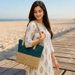 Sac fourre-tout rectangulaire en paille tressée artisanale Sabai Grass, style bohème, pour femme, élégant, écologique, sac à main tendance - Product Image 4