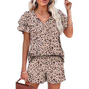 Conjunto de 2 Piezas para Mujer, Estampado de Leopardo, Verano, Top con Cuello en V y Pantalones Cortos con Cordón, Poliéster/Algodón, Corte Holgado - Product Image 1