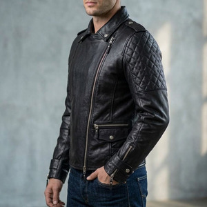 OEM Custom <b>Men</b> Black Leather Biker <b>Jacket</b> Quilted Shoulder Riding Coat Wholesale Low MOQ <b>Men's</b> <b>Jackets</b> - Product Image 4