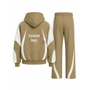 Custom Logo Khaki White Color Blocking Tracksuit 100% Set Full <b>Zip</b> <b>Hooded</b> 450 Gsm Sweatshirt Pants - Product Image 3