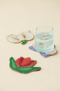 Handmade Floral <b>Beaded</b> Drink <b>Coaster</b> Set Bohemian Style Fabric Mats Flower Shape Table Decoration - Product Image 1
