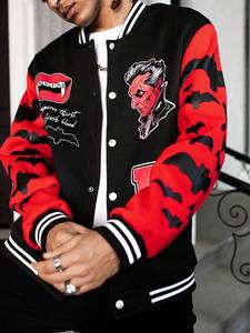 Black Red College Baseball <b>Jacket</b> <b>Men</b> Bat Print Graphic Sleeves Streetwear Varsity Double Breasted Front Thick Fleece Windproof - Product Image 5