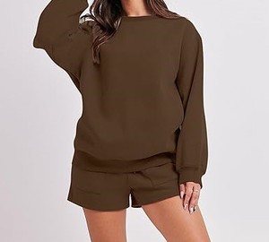 Women's Brown Two-Piece <b>Knitted</b> Cotton Shorts <b>Set</b> Casual O-Neck Full Sleeve Loose Fit Solid Color Spring Summer Wear Pockets - Product Image 3